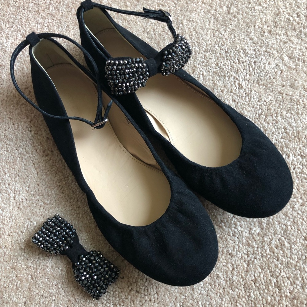 J Crew Anya black suede flats with ankle straps.🥿
